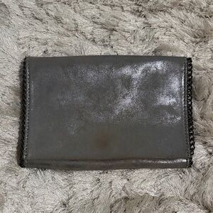 Metallic Gray Chain-Trim Clutch with strap long enough for cross body